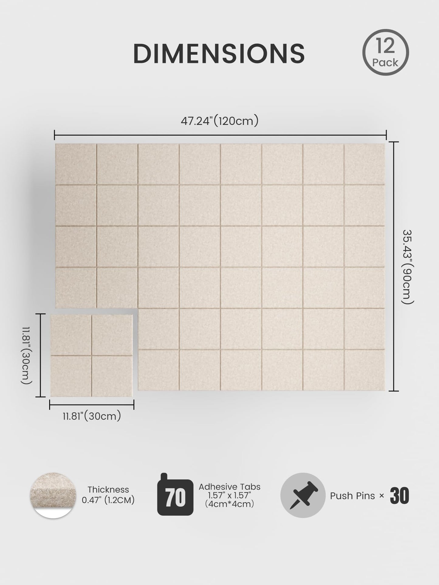 Bumusty Large Felt Bulletin Board, 48" x 36" Cork Board Alternative, 12-Pack Wall Tiles with 4-Compartment Design, 30 Push Pins, 70 Adhesive Tabs, Ideal for Office & Home Decor, Oatmeal