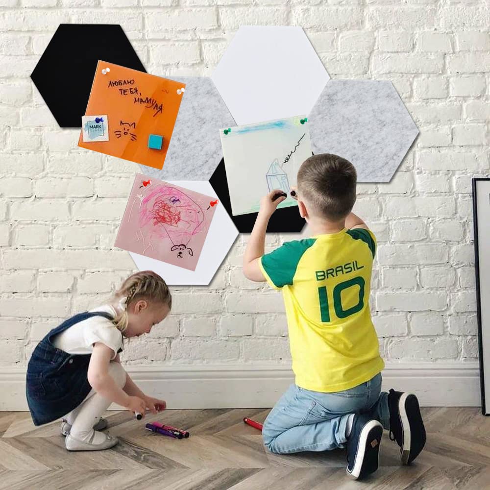 Vuzvuv 6 Pcs Hexagon Bulletin Board with 50 Pushpins & Sticky Note Adhesive Cork Board for Wall，Felt Pin Board for School，Office Decor（Black White Grey）