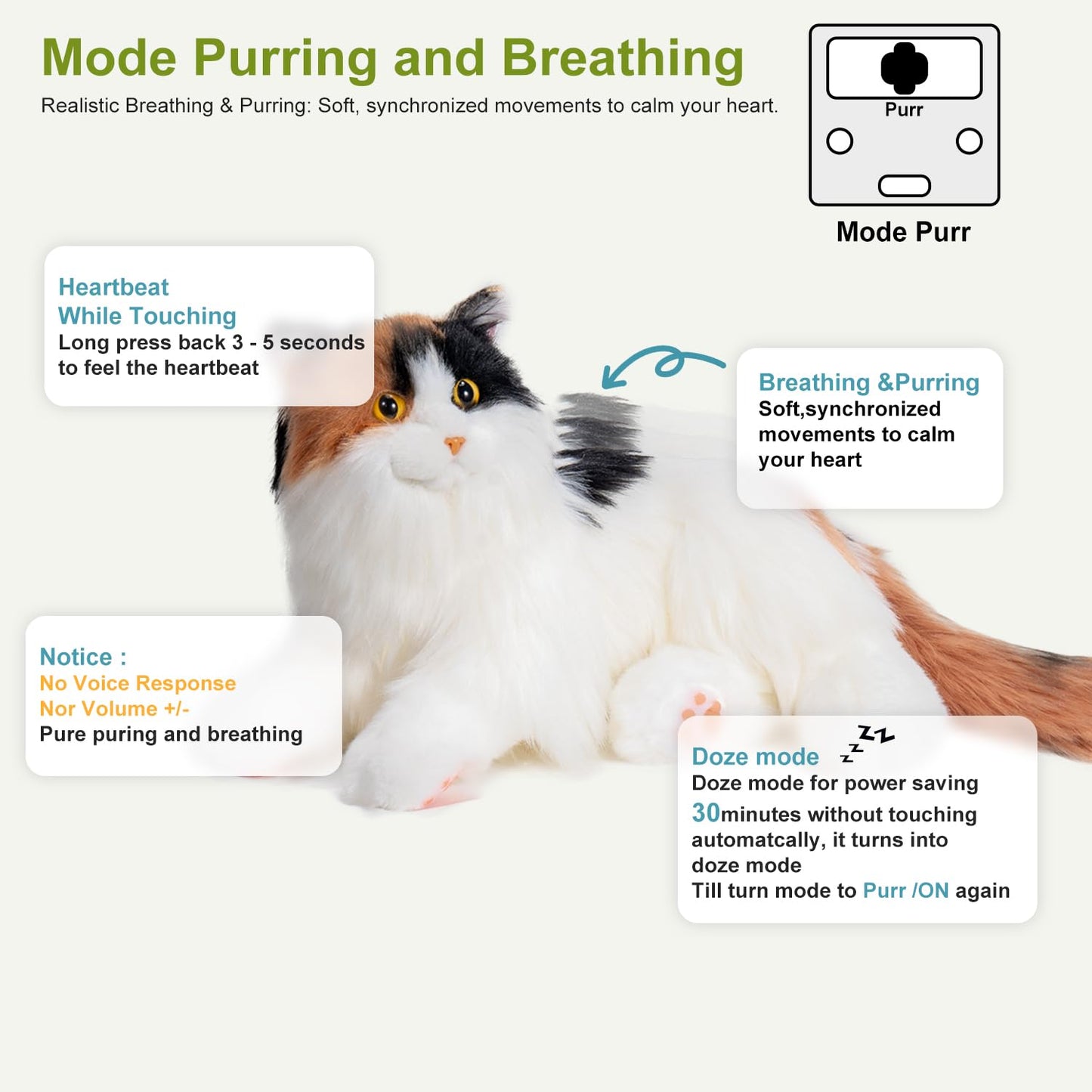 Chongker Interactive Companion Robot Cat, Weighted Breathing Stuffed Animals, Cat Plush Toy with Meow Voice, Breathing, Response, Realistic Heartbeat and Purring (Dark Calico Cat)