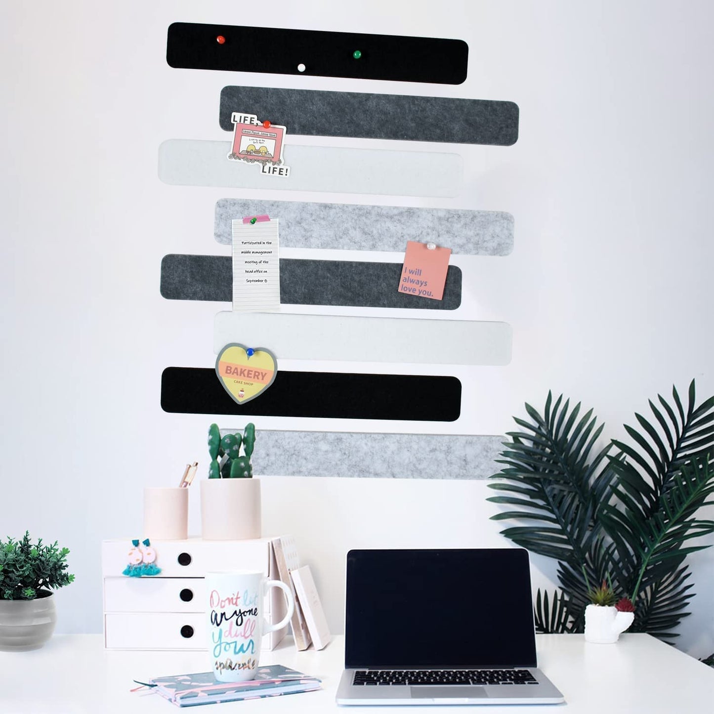 Vuzvuv 8 pcs Bulletin Board Bar Strips with 50 Pushpins & 10 Wooden Clip pins，Self Adhesive Cork Board for Wall，Felt Pin Board for School，Office Decor（Black White Grey）