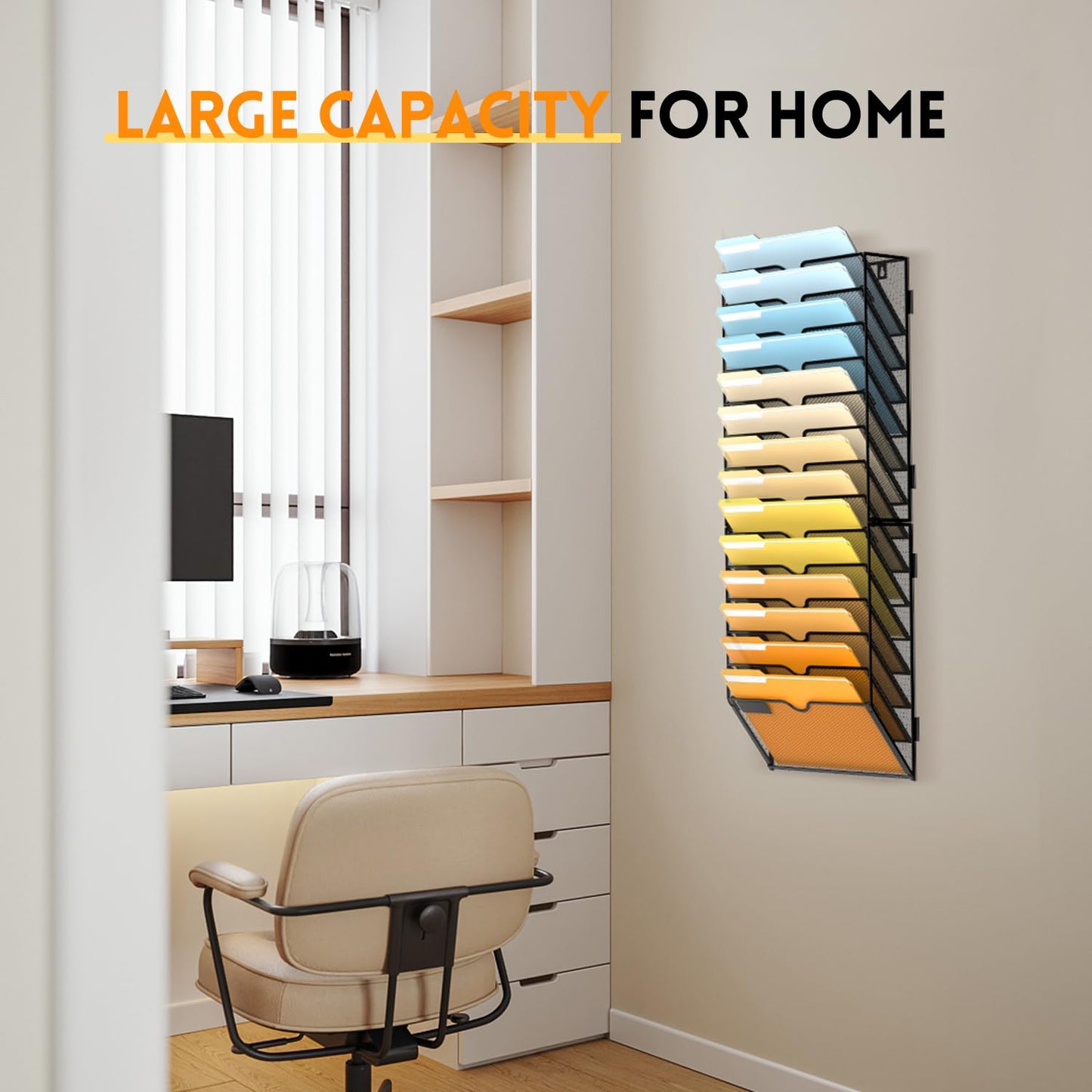 SUPEASY 14 Tier Wall File Organizer, Hanging Wall Mounted Mail Organizer with Label Slots, Metal Mesh File Holder Magazine Rack for Office, Home, School or Classroom, Black