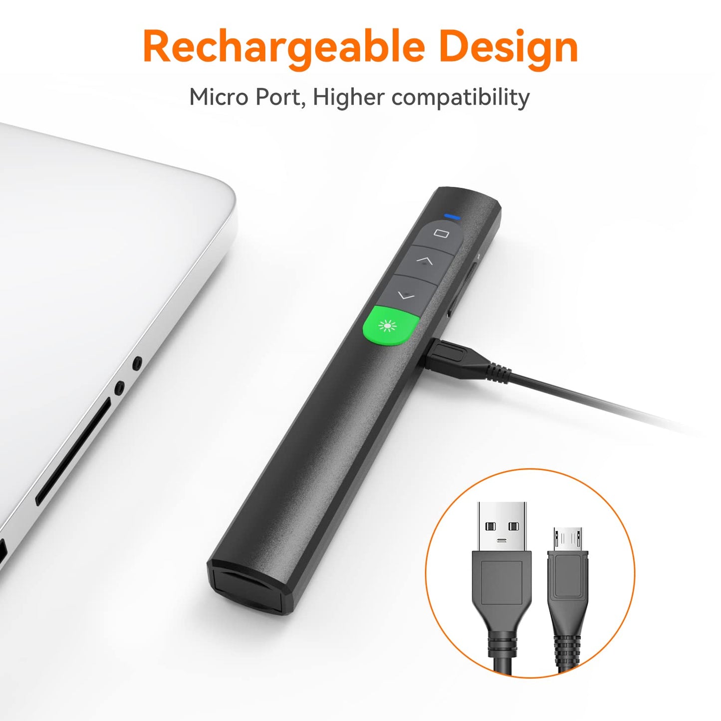 Wireless Presentation Clicker PowerPoint Presenter Remote: Rechargeable Green Laser Pointer Clickers for Computer/Mac/PPT/Slideshow/Google Slide Advancer