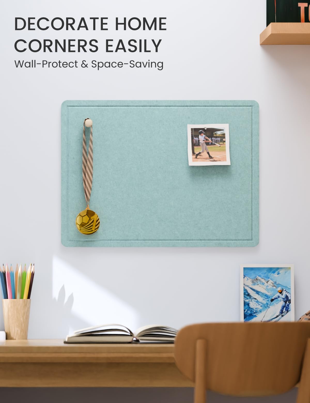 Fluxynara Bulletin Board, 23.6" x 17.5" Cork Board Alternative with 12 Safe Removable Adhesive Tabs, Foldable Felt Pin Board for Home Office, Classroom, Bedroom,Entryway for Walls—Aqua Blue