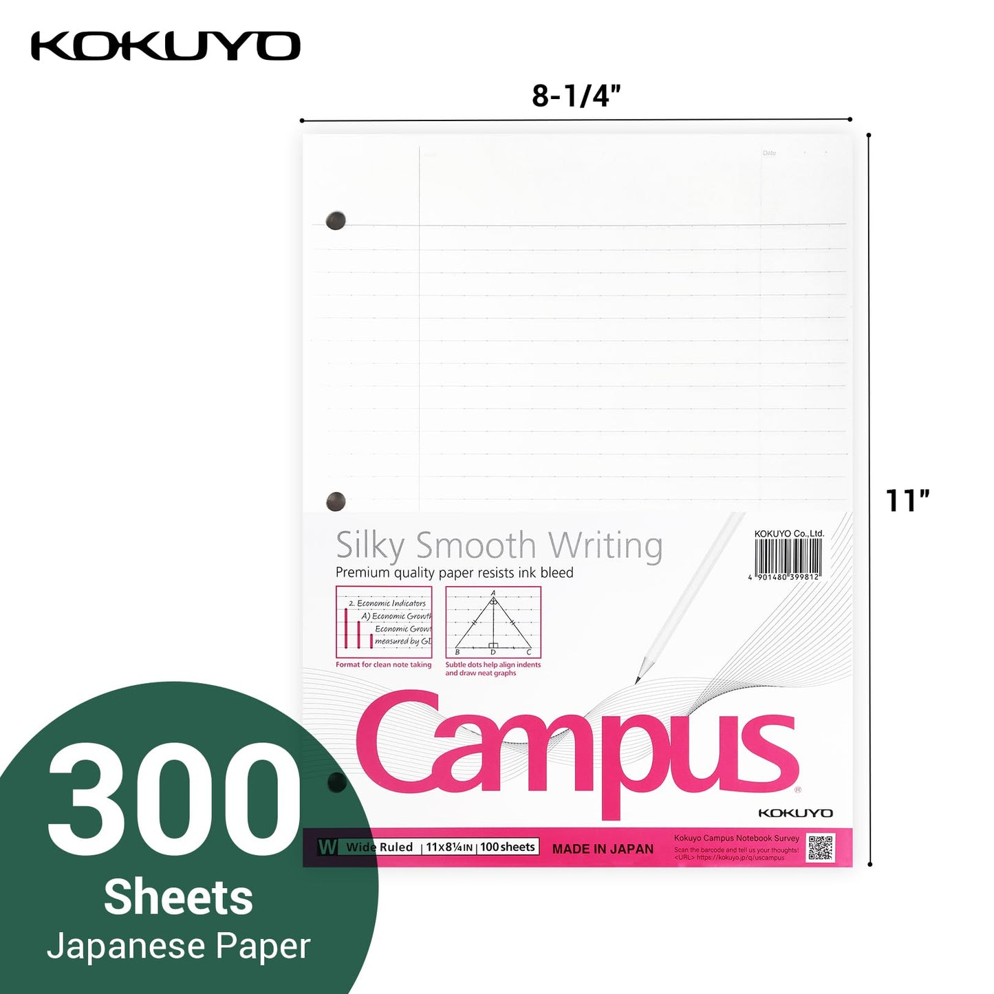 Kokuyo Filler Papers, 8-1/4"x11”, Wide Ruled 3 Hole Punched Loose Leaf Paper, 300 Sheets Bleed Resistance Notebook Paper, Japanese Smooth Lined Paper for 3 Ring Binders School Supplies