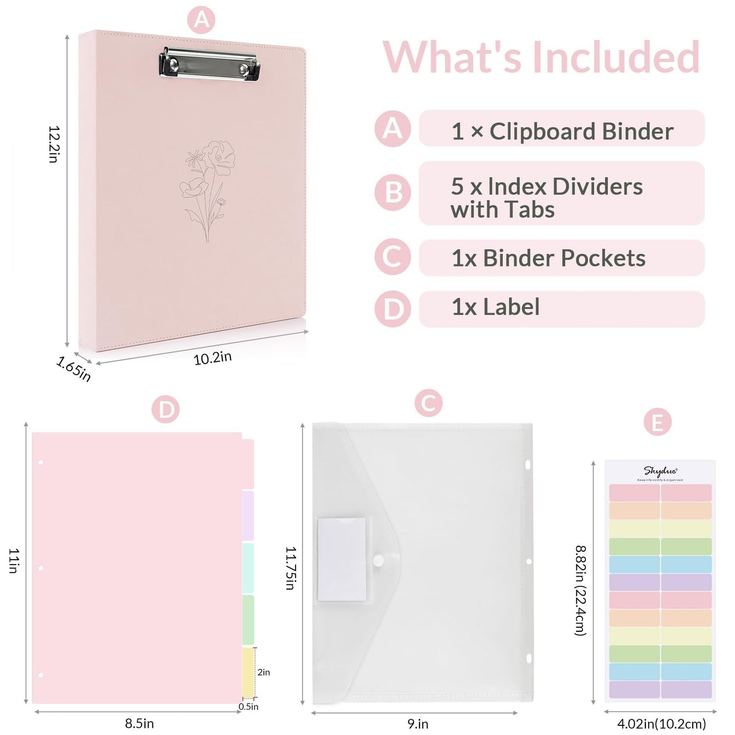 SKYDUE Pink 3 Ring Binder with Clipboard,1 Inch Linen Binder for 3 Hole Punch Letter Size Loose Leaf Paper with 5 Dividers, Pocket and Labels School and Office Supplies