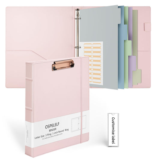 Ospelelf 3 Ring Binder with Clipboard 1 Inch Leather Binder for Letter Size (8.5" x 11"), Clipboard Binder with 5 Tab Dividers for School, Office, Pink