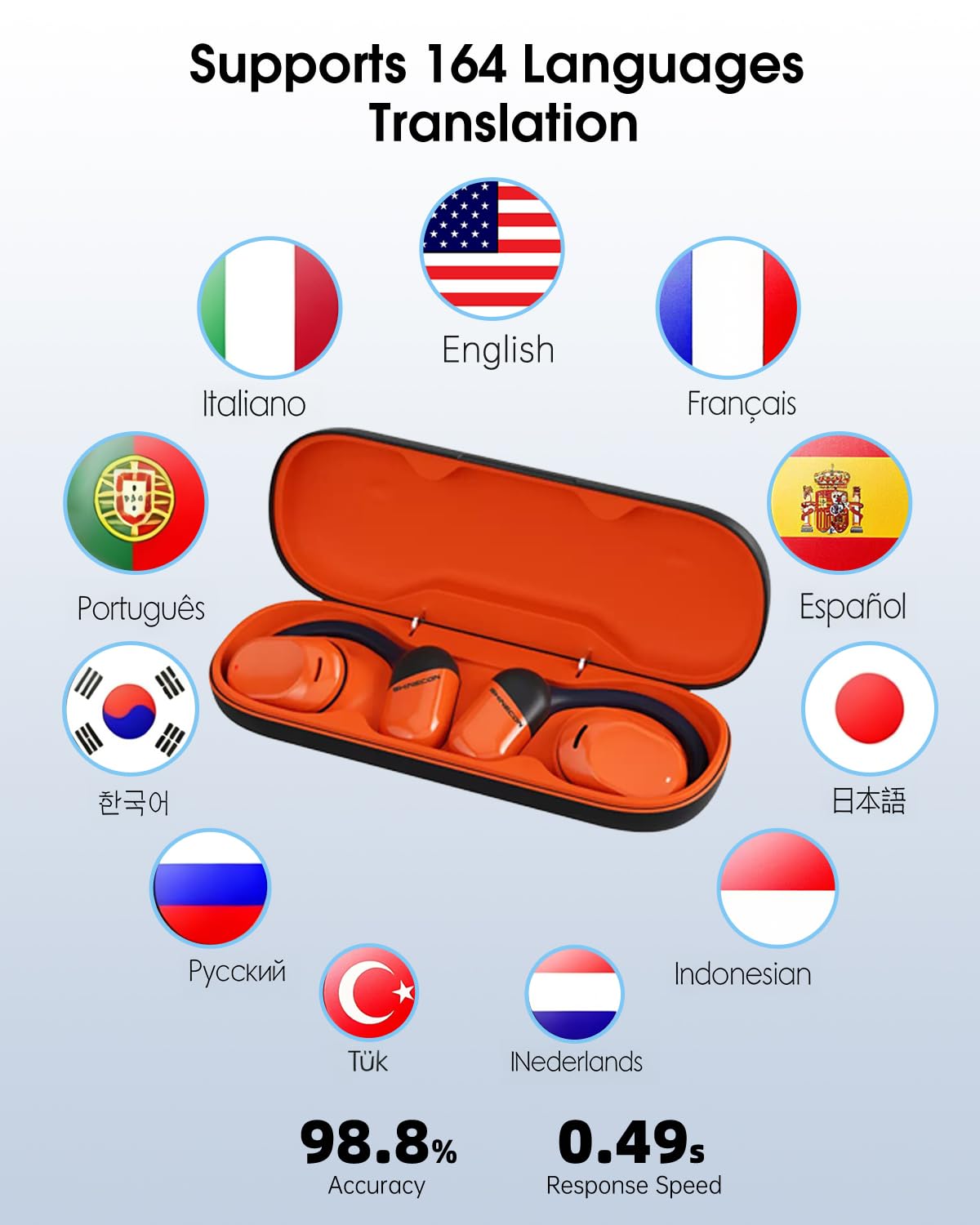 schainyan AI Translator Earbuds Real Time - 164 Languages Translation Headphones, Audio and Video Calls Wireless Bluetooth Interpreter Device for Business, Travel, Learning - Orange