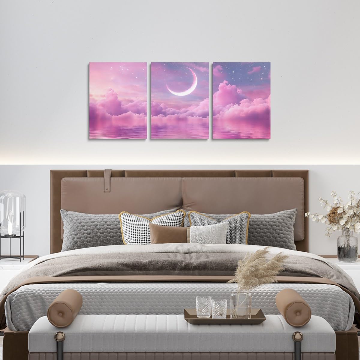 Feelyou Pink Purple Galaxy 3 Piece Canvas Wall Art for Living Room Bedroom Starry Moon Wall Art for Home Decor Dreamy Nebula Office Decor Artwork Outer Space Picture Painting Posters