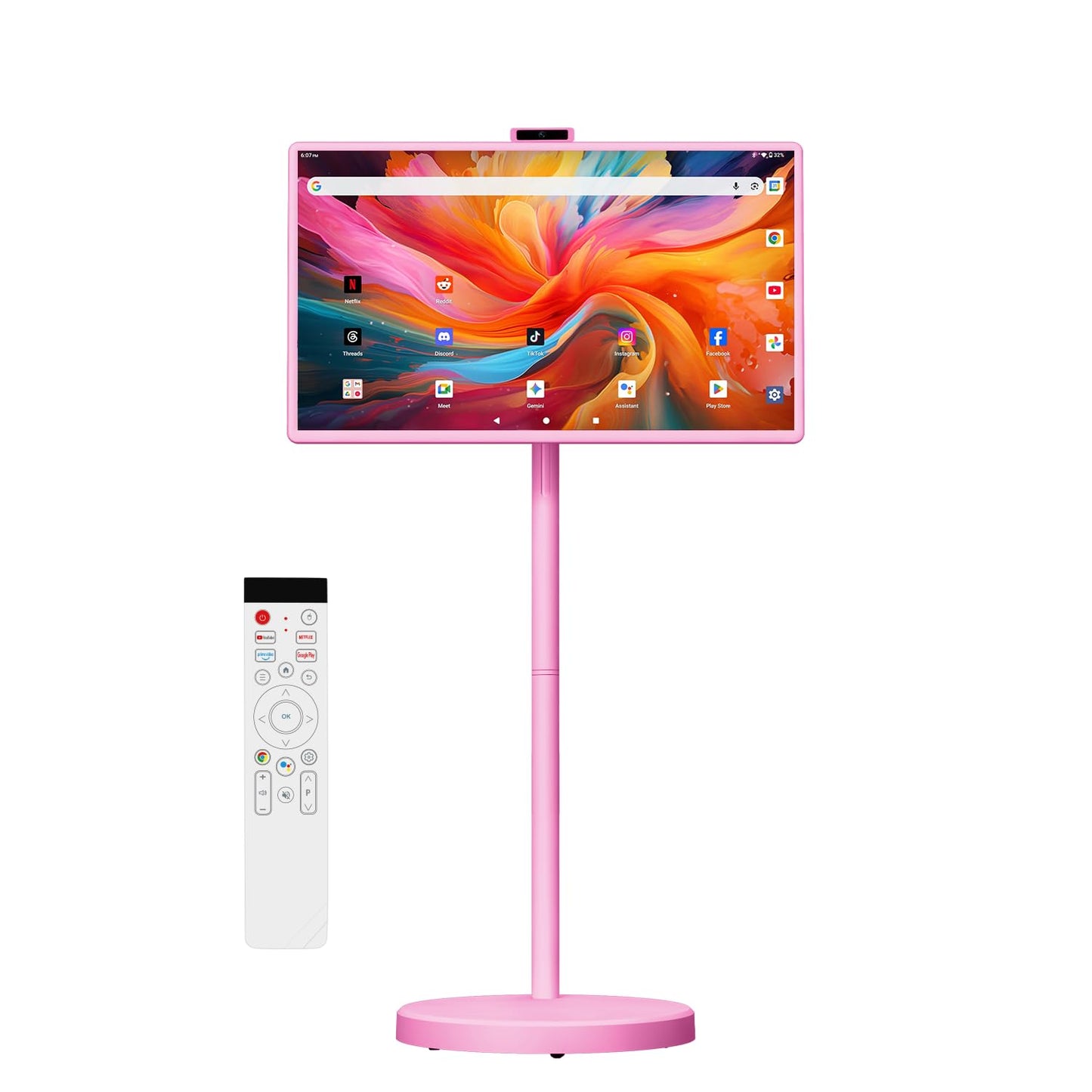 32" Portable Smart TV with Android 15, 1080P Touch Screen Monitor on Wheels, EDLA-Certified, 8GB+128GB Storage, 5MP Camera, 10H Playing Time, Rotatable Display, Wireless Casting, Voice Remote Control