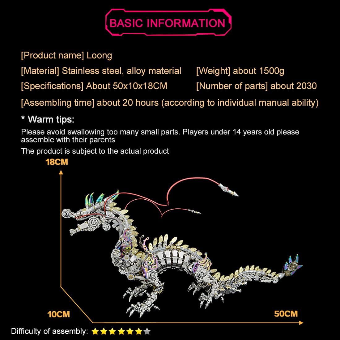 3D Metal Puzzle - Large Chinese Dragon Model Kit - Mechanical Metal Jigsaw- DIY Desk Ornament - Assembly Dinosaur Crafts Brain Teaser - Perfect for Adults