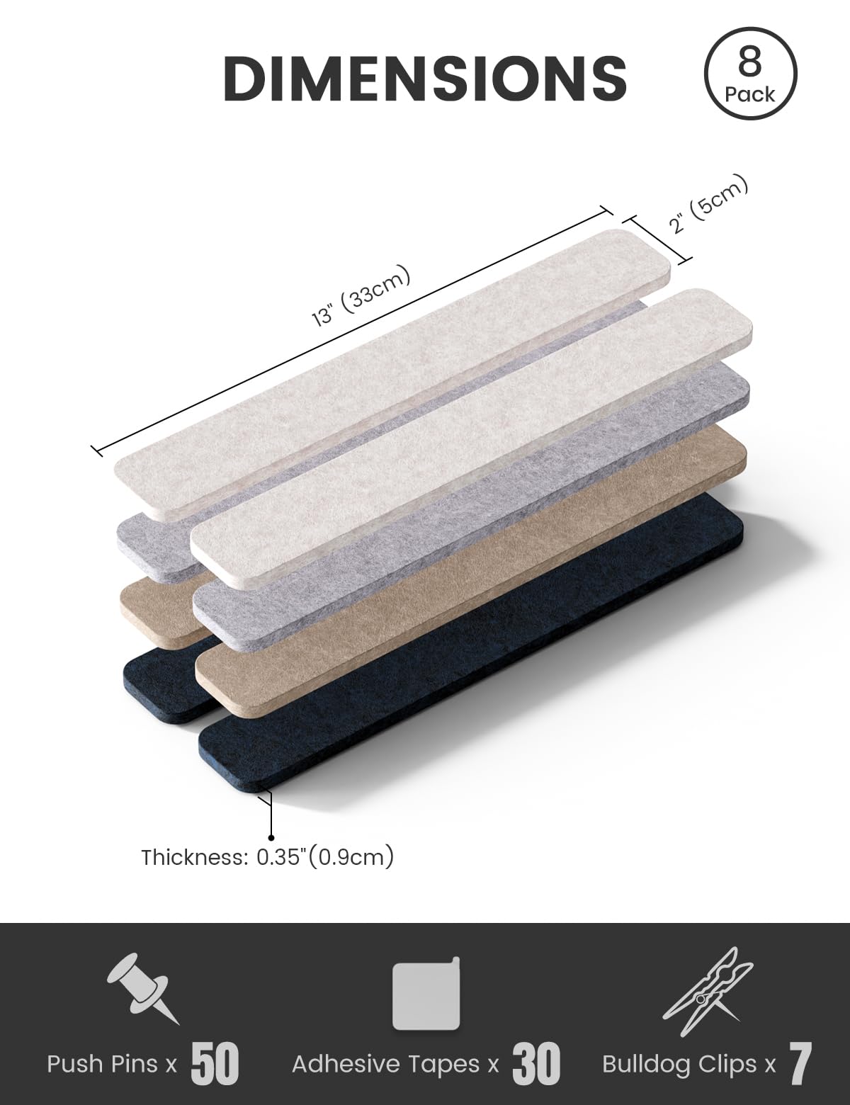 Fluxynara Cork Board Alternative Felt Strip Board 8-Pack 13"x2", Office Pin Board with 50 Push Pins, Adhesive Install for Bedroom Door & Home Office (Nordic Slate)