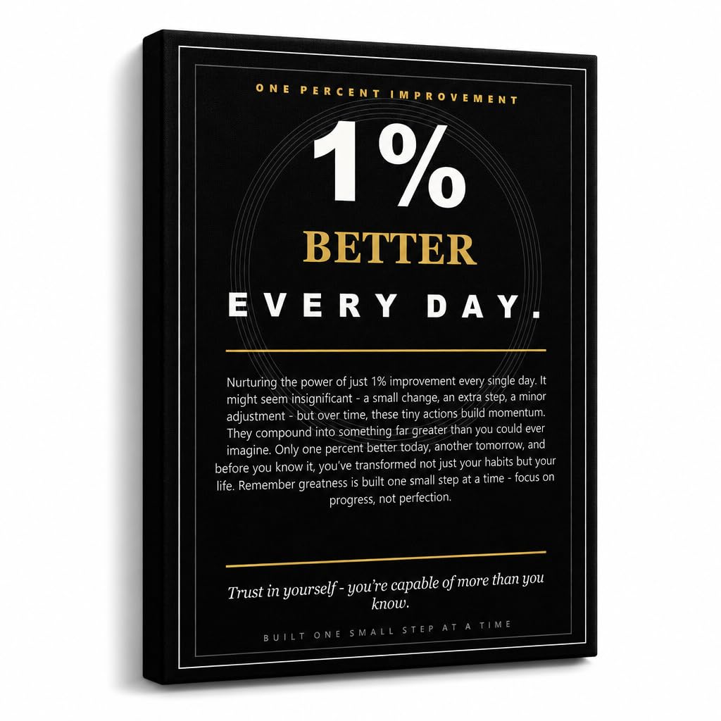 PJQART Inspirational Posters for Office 1 Percent Improvement Quote Wall Art, Black Gold Canvas Poster for Home Office Dorm Classroom, Single Panel Framed Decor 24x18 Inch