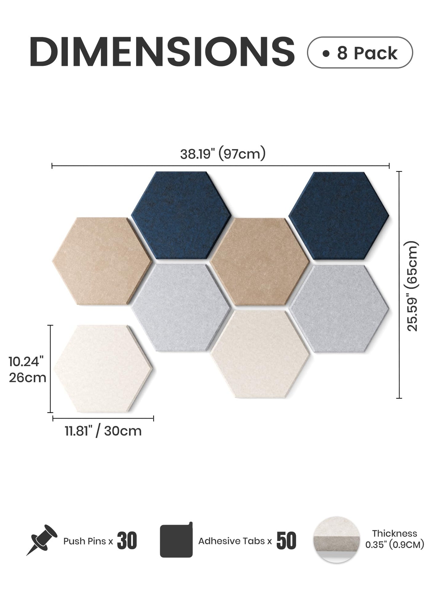 Fluxynara Hexagon Cork Board Alternative for Walls Decor-8-Pack Felt Bulletin Board Tiles,with 30 Pushpins,50 Adhesive Tabs for Office,Classrooms & Home Pin Board Felt Board-Nordic Slate