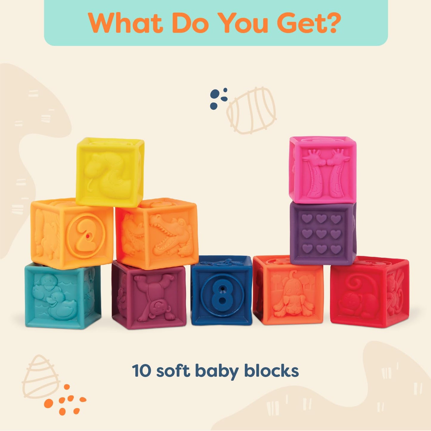 B. toys – Baby Blocks – Stacking & Building Toys for Babies – 10 Soft & Educational Blocks – Numbers, Shapes, Colors, Animals – One Two Squeeze – 6+ Months