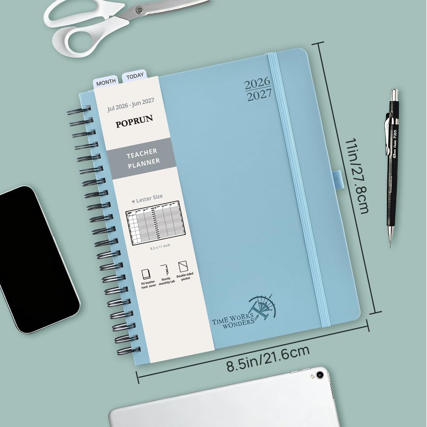 POPRUN Teacher Lesson Planner 2026-2027, (Letter Size - 8.5'' x 11'') Academic Planner July 2026 - June 2027 with Gradebook & Color Monthly Tabs, Thick Paper, 2-Sided Pocket, Leather Cover, Dutch Blue