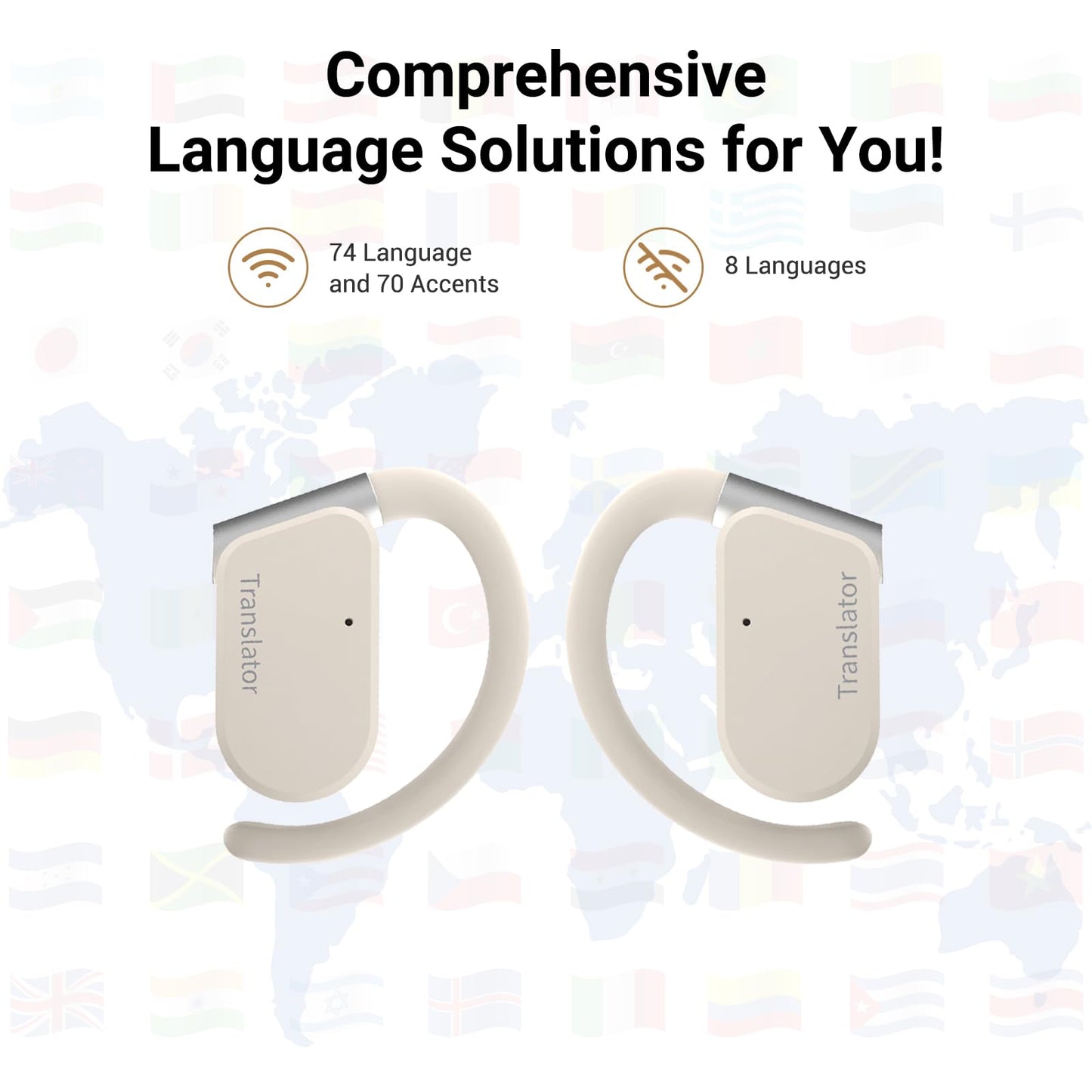 ANFIER M9 Language Translator Earbuds Open-Ear Headphones Support 144 Languages & Accents Translation Earbuds Real Time Translator Device, Snug Fit, Ergonomic Ear Hooks Beige (Without Offline Package)