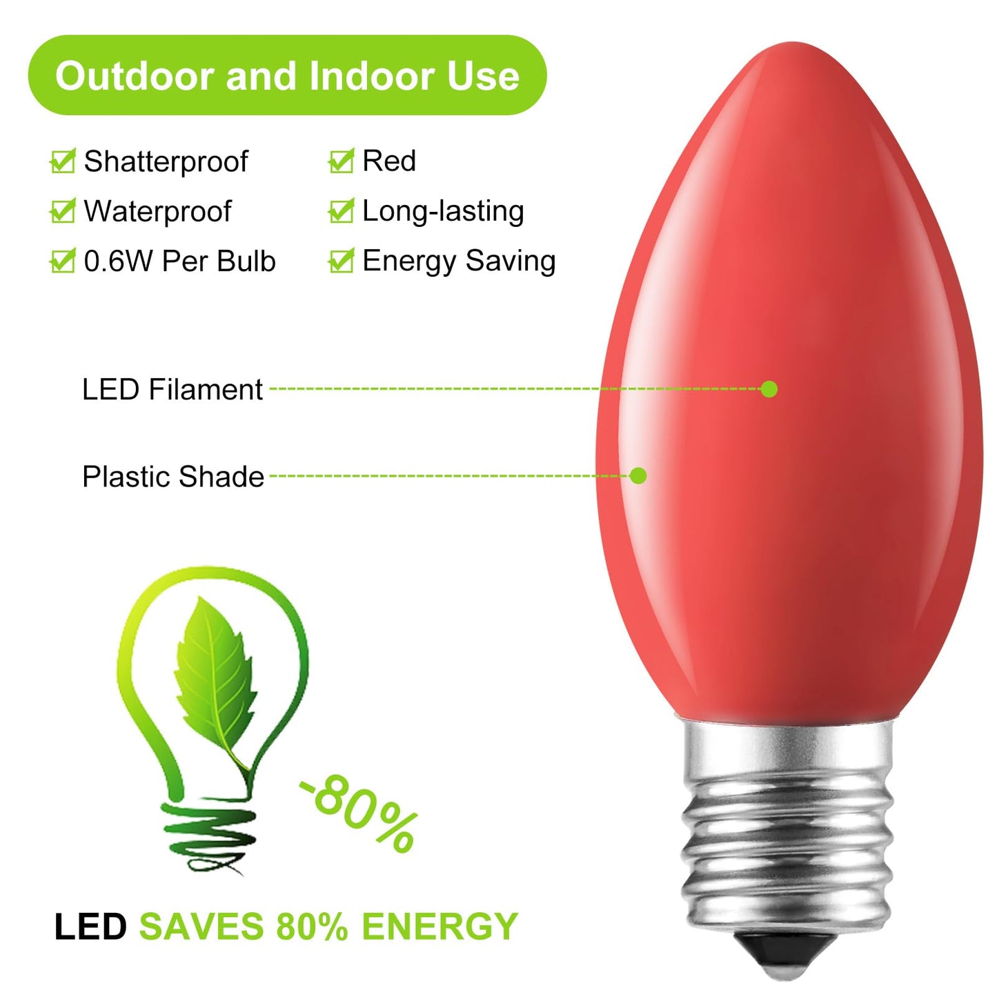 Minetom C9 LED Christmas Light Bulbs, 25 Pack, Shatterproof, Red, E17 Base, Dimmable
