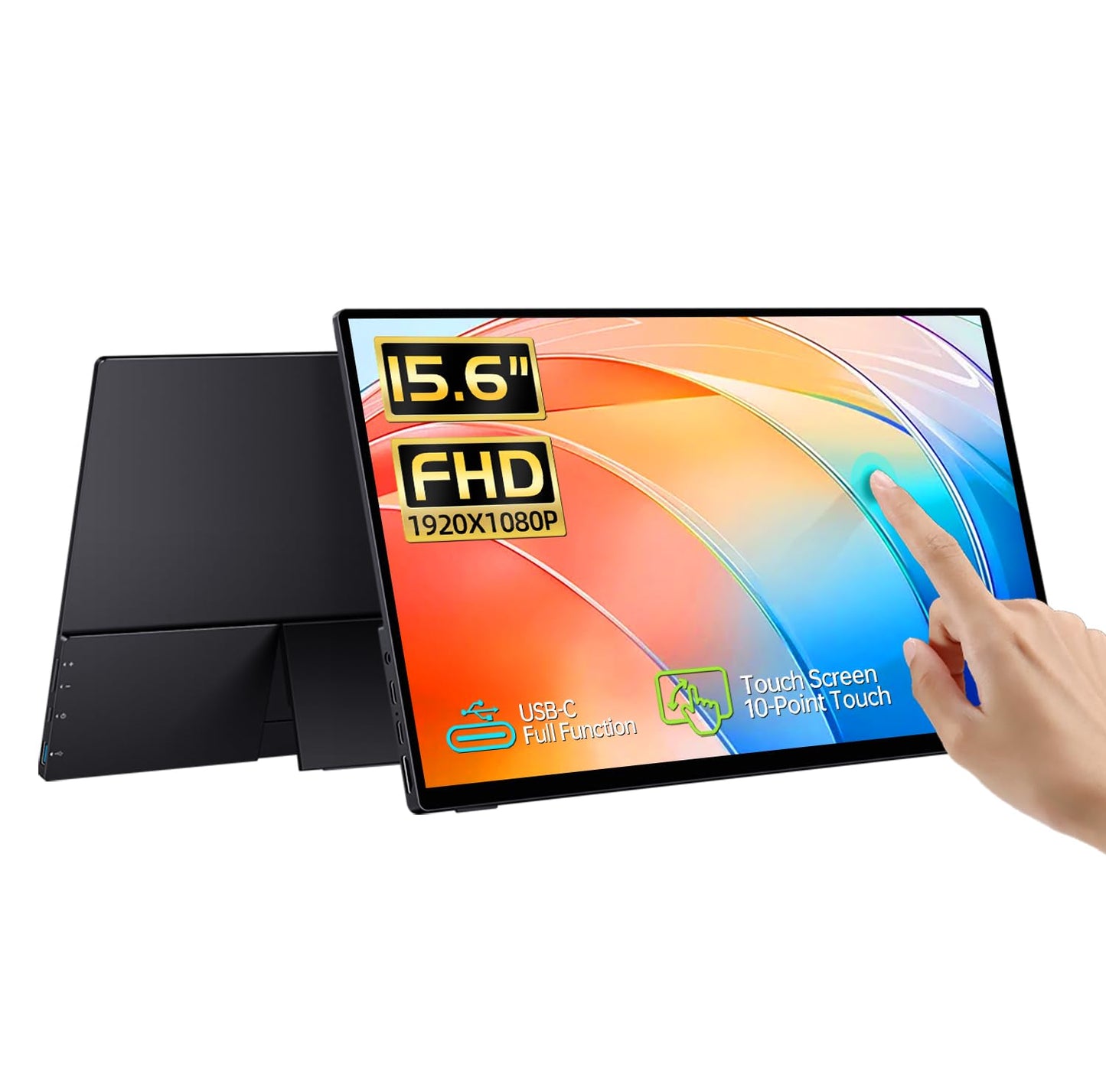 CAPERAVE 15.6'' Portable Monitor Touchscreen, FHD IPS Touch Screen with Tempered Glass, Travel Monitor with Kickstand & Speaker, HDMI USB C External Monitors for Mac Laptop Phone Computer