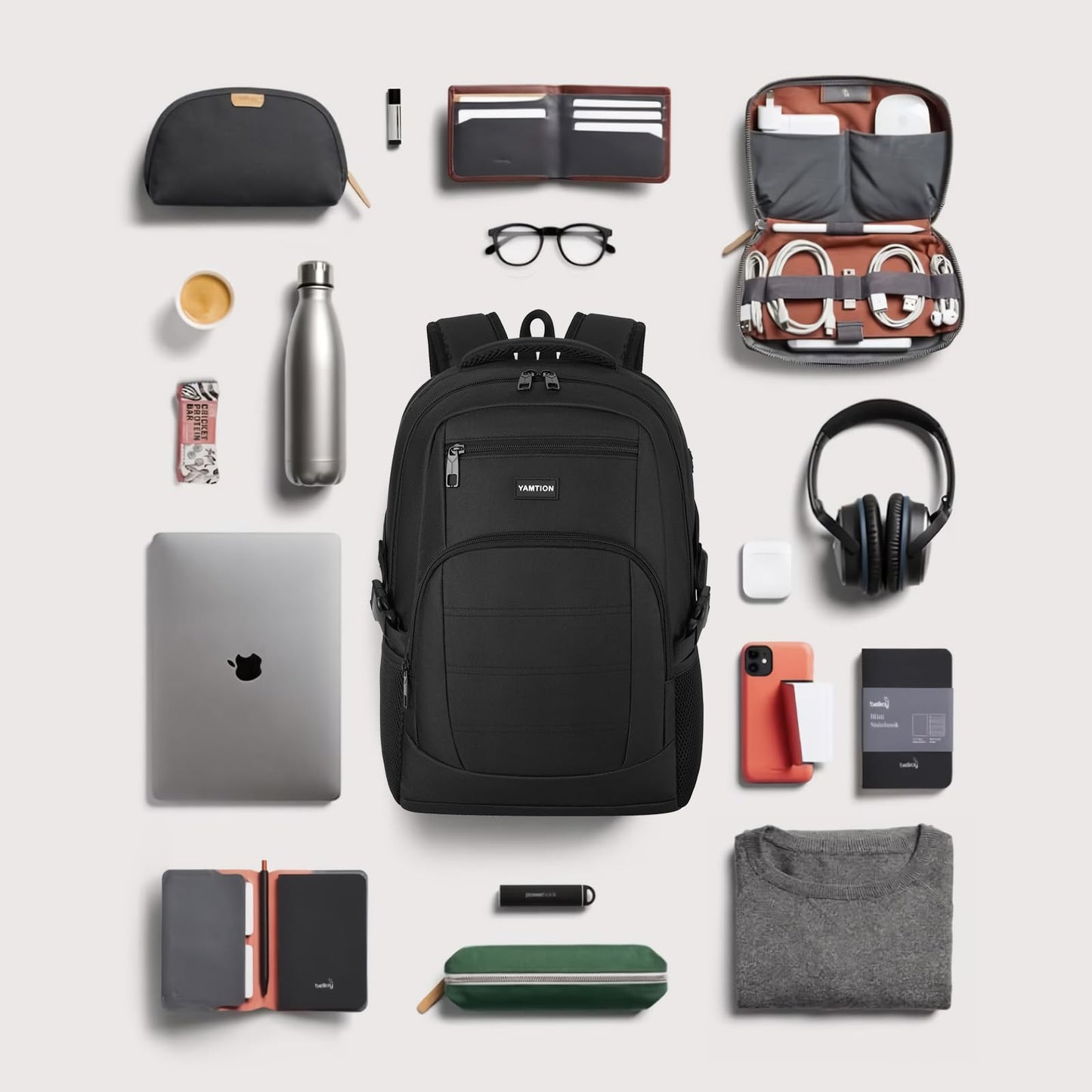 YAMTION Black Backpack for Men and Women, Laptop Backpack, School Backpack for Boys and Girls, Lightweight Bookbag, Work Backpack Fits 15.6 Inch Notebook