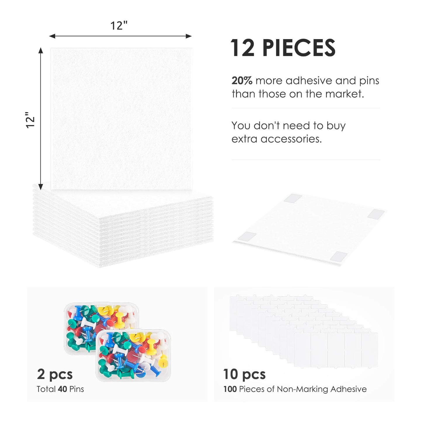 Large Cork Board for Walls 48"x36" |Cork Board Alternative| 12 Pack Felt Wall Tiles| White Bulletin Board with Removable Adhesive | Cork Boards Pinboard for Office Home Classroom,White