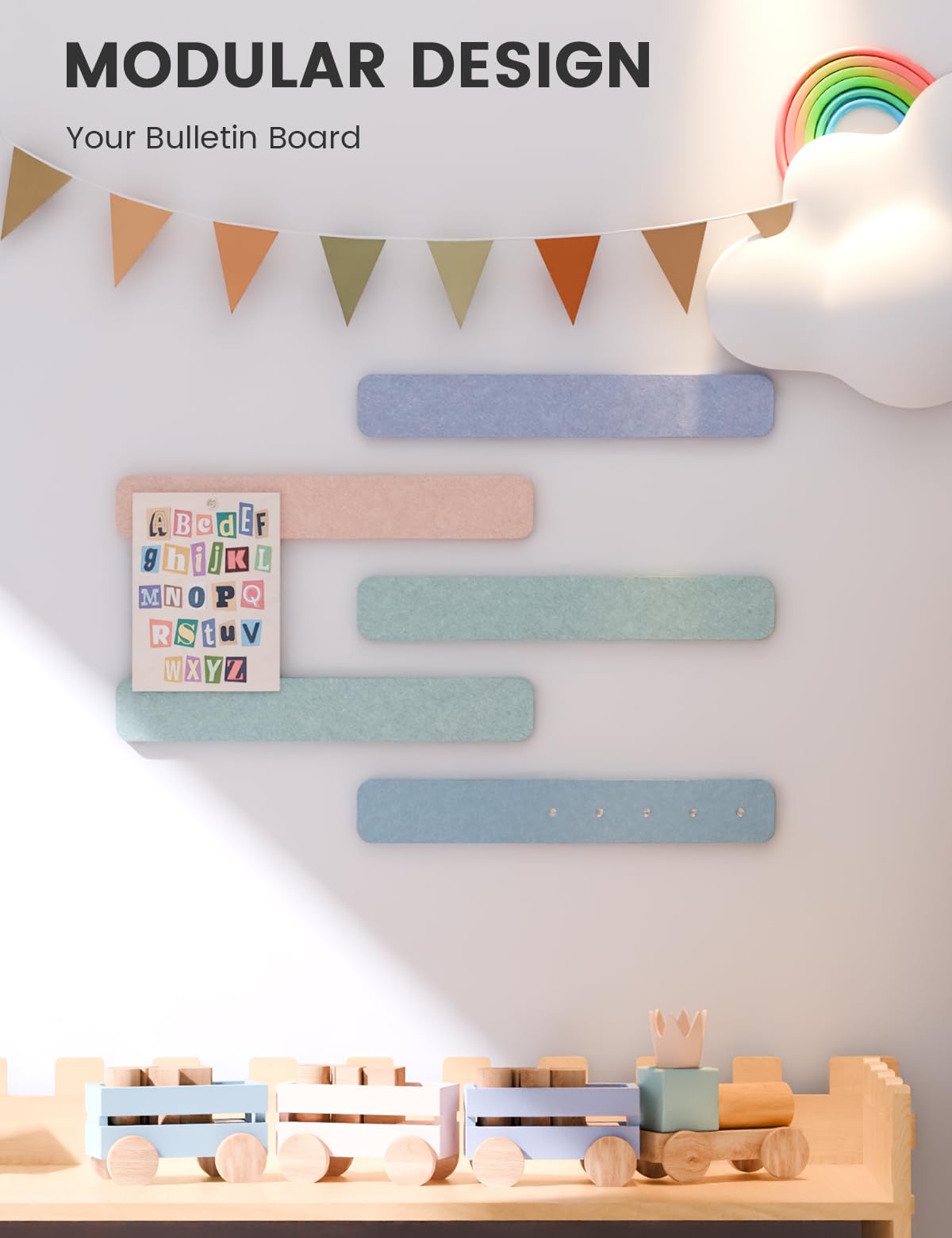 Fluxynara Cork Board Alternative Felt Strip Board 5-Pack 13"x2", Office Pin Board with 35 Push Pins, Adhesive Install for Bedroom Door & Home Office (Coastal Haze)