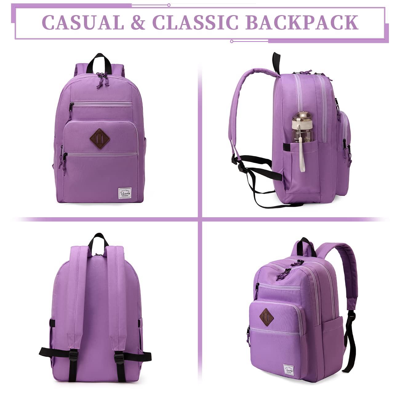 VASCHY School Backpack for Women, Unisex Large Bookbag Schoolbag Casual Daypack for High School/College/Teens/Travel/Work Purple