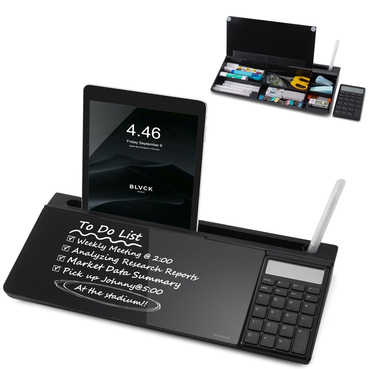 Small Glass Desktop Whiteboard Dry-Erase-Board - Computer Keyboard Stand with Calculator White Board Surface Pad with Drawer, Desk Organizers with Accessories for Office, Home, School Supplies - Black