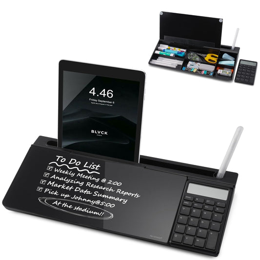 Small Glass Desktop Whiteboard Dry-Erase-Board - Computer Keyboard Stand with Calculator White Board Surface Pad with Drawer, Desk Organizers with Accessories for Office, Home, School Supplies - Black