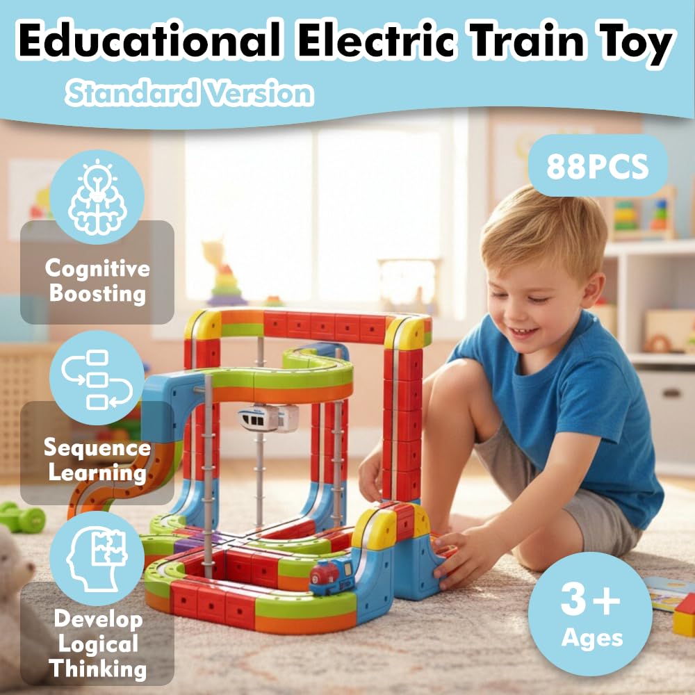 Electric Train Set with 2 Trains, 3D Infinity Train Tracks, DIY Toy Car Track, Modular Building Blocks Freely Assembled, STEM Learning Toy for Kids Toddlers Boys & Girls (Blue & White Trains)