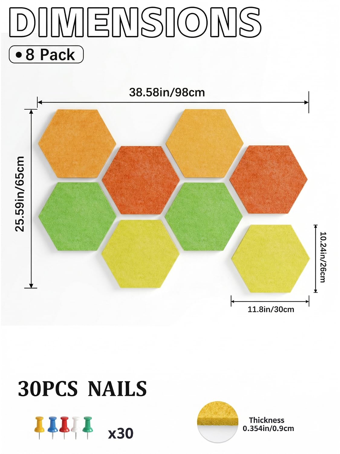 Uoisaiko 8 Pack Hexagon Felt Bulletin Board Tiles - 12" Large Thick Pin Board for Walls with 30 Push Pins, DIY Boards for Office Home School Decor, Aesthetic Hex Cork Board Alternative