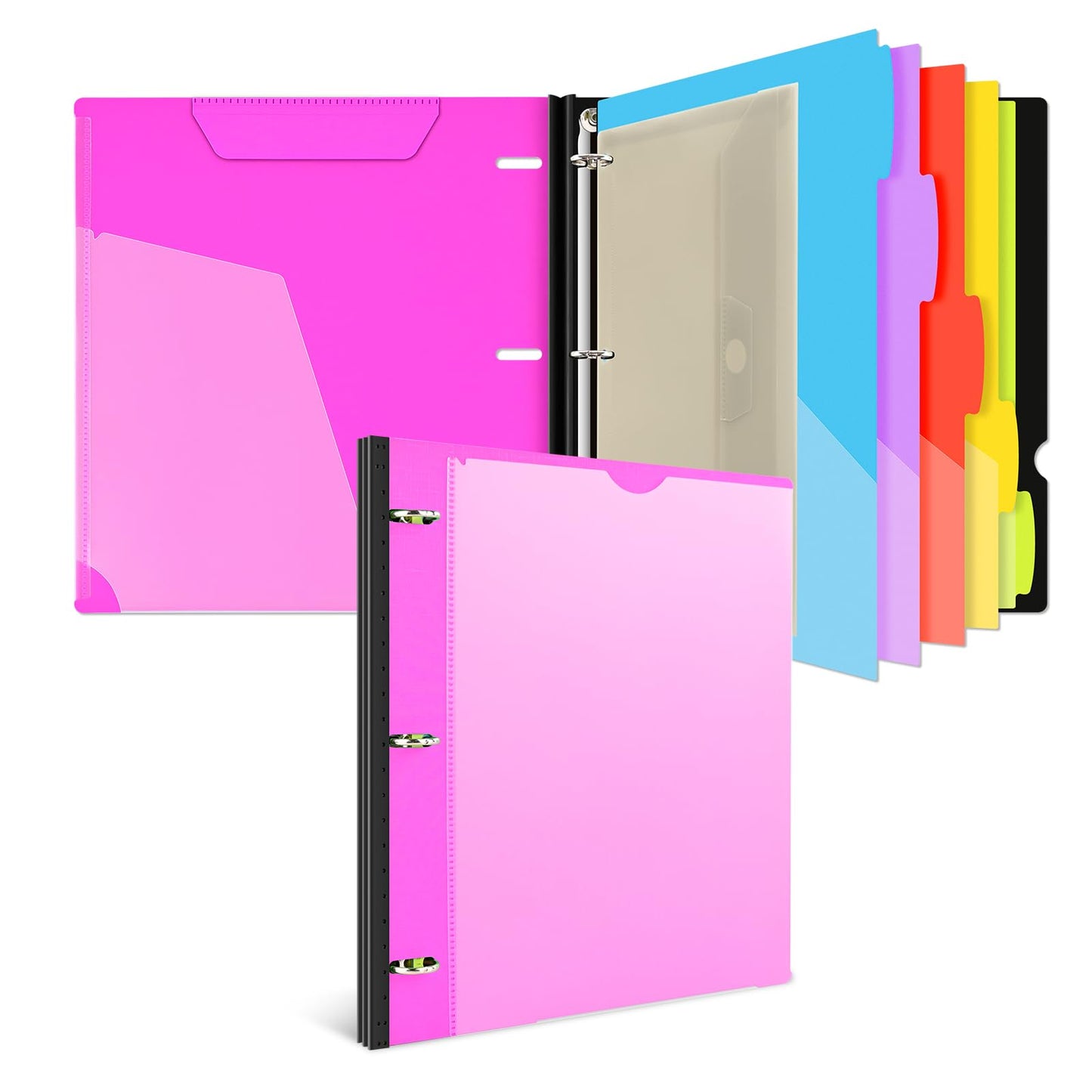 INFUN 1 Inch 3-Ring Telescoping Project Organizer Binder,13 Pocket, Customizable Front Cover, 5 Colors Pocket Divider and Plastic Binder Pocket，225 Sheet Capacity-Pink