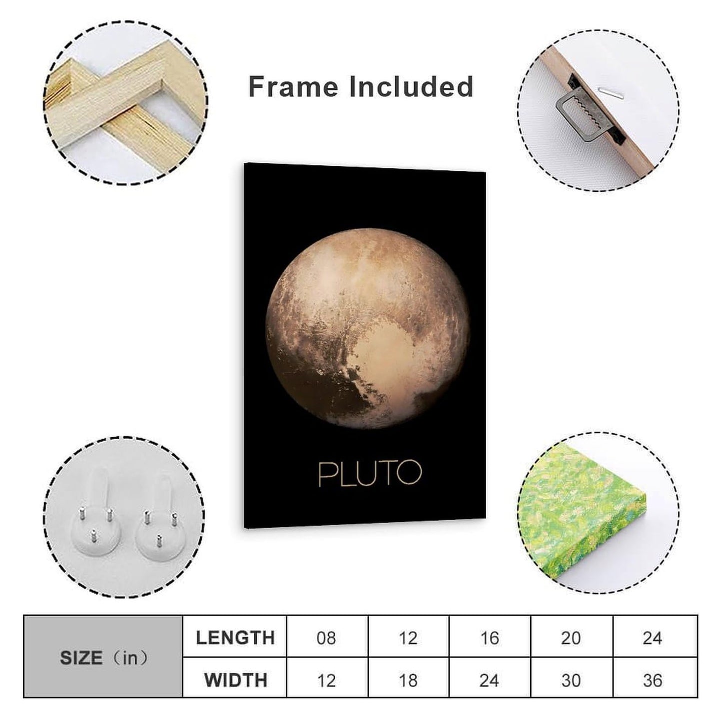 Solar System Planets Canvas Wall Art - Pluto Planet Space Poster for Kids Room Bedroom Classroom, STEM Educational Astronomy Decor, Science Gift for Boys Girls, 16x24 Inch Framed