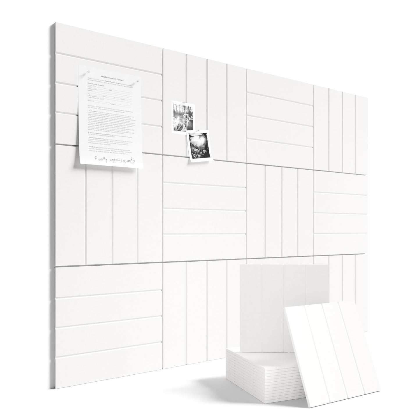 Fluxynara Felt Bulletin Board Tiles Large 48" x 36" Cork Board Alternative-12 Pack with 70 Adhesive Tabs, Thick Slat Wall Panels for Office Decor, Push Pin Board Wall Organizer Alternative-Milky White