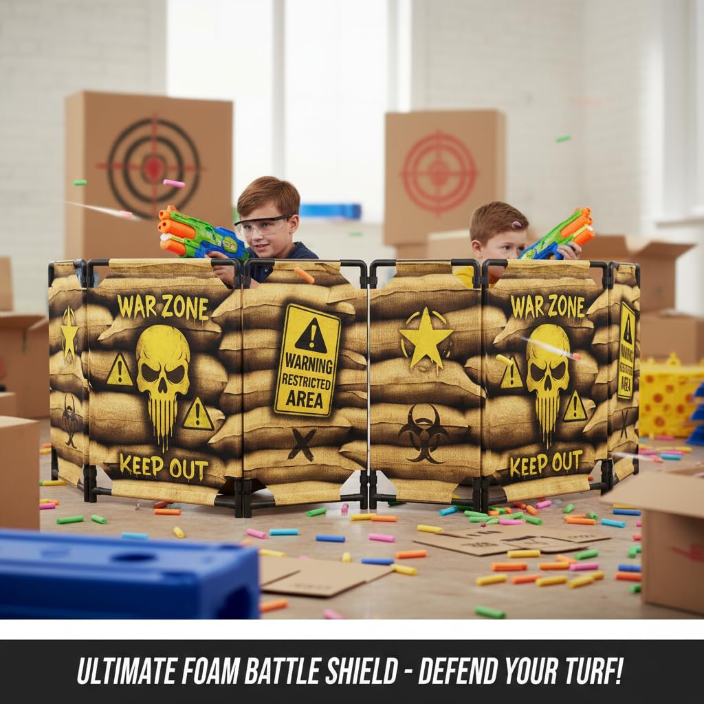 2-Pack Tactical Bunker & Foldable Battlefield Obstacles 59x34” Combat Battle Zone Fort, Compatible with Laser Tag, Foam Blaster, Birthday Activities, Party Supplies + Interactive Target Board