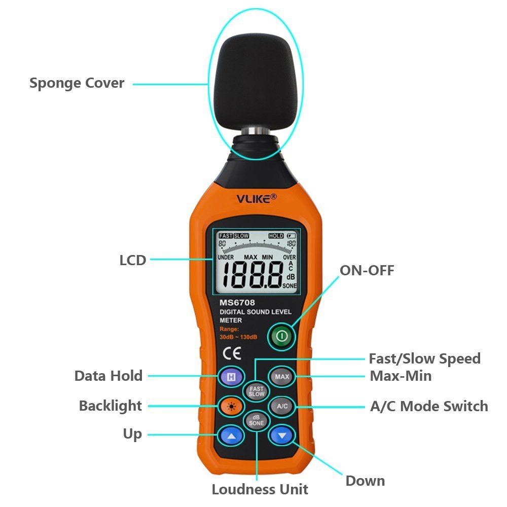 VLIKE LCD Digital Audio Decibel Meter Sound Level Meter Noise Level Meter Sound Monitor dB Meter Noise Measurement Measuring 30 dB to 130 dB A/C Mode (Batteries Not Include)