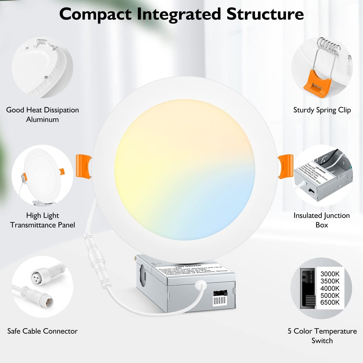 BesLowe LED Recessed Ceiling Lights, 12W, Ultra-Thin, 5CCT, 6 Inch, 1200LM, Dimmable, White, Model DC08