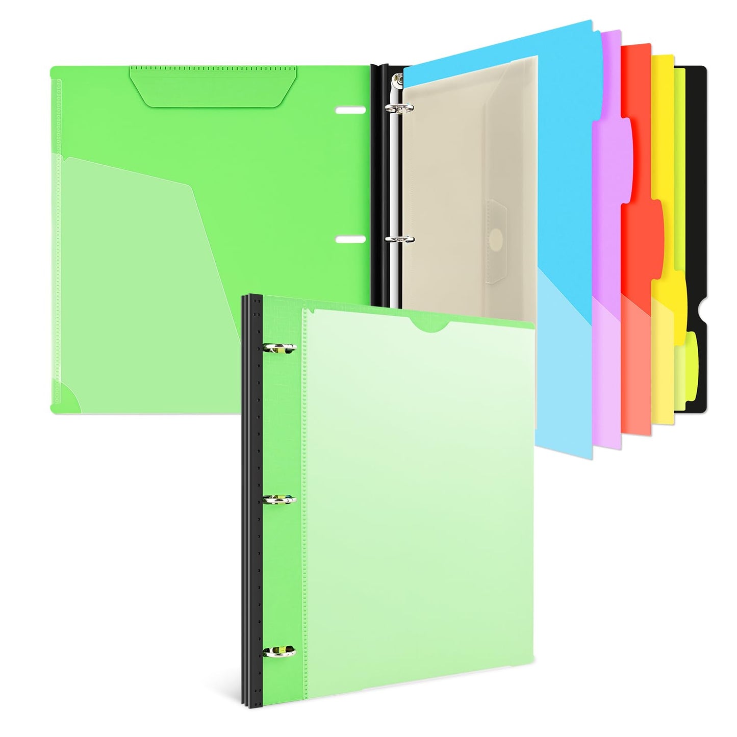 INFUN 1 Inch 3-Ring Telescoping Project Organizer Binder,13 Pocket, Customizable Front Cover, 5 Colors Pocket Divider and Plastic Binder Pocket，225 Sheet Capacity-Green
