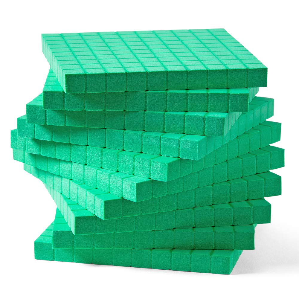 hand2mind Green Foam Base Ten Blocks, Flats Set, Place Value Blocks, Counting Cubes for Kids Math, Base 10 Math Manipulatives for Kids, Kindergarten Homeschool Supplies (Set of 10)