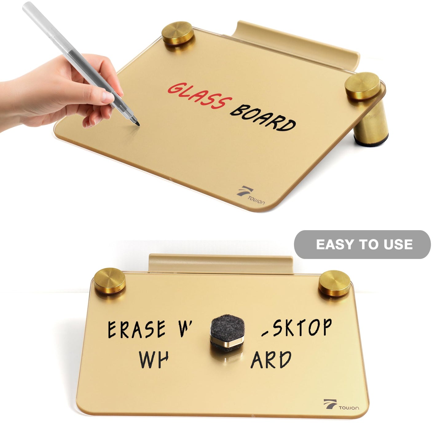 Gold Metallic Glossy Mirror Small White Board with Nail Support, Mini Desktop Glass Whiteboard, Desk White Board Dry Erase with Accessories, Stenography Artifact for Office Homeschooling Décor, 8x6''