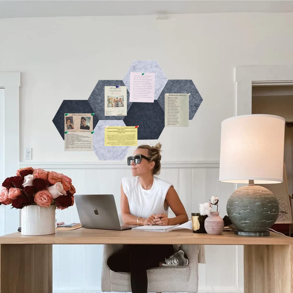 Vuzvuv 6 Pcs Hexagon Bulletin Board with 50 Pushpins & Sticky Note Adhesive Cork Board for Wall，Felt Pin Board for School，Office Decor（Gray）