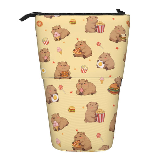 Tezmd Yellow Cute Animals Kids Standing Pencil Case Girls Boys Telescopic Stationary Pouch with Zipper Large Capacity Stand up Pen Bag Portable Makeup Holder for Children School Students