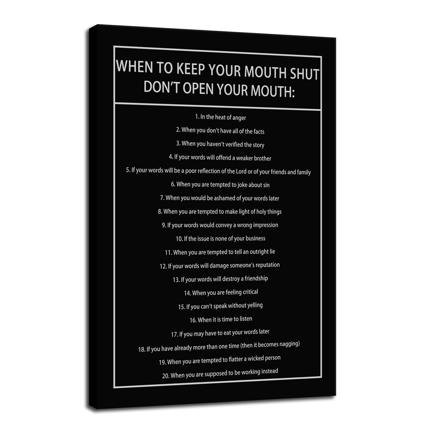 Inspirational Canvas Wall Art When to Keep Your Mouth Shut Don't Open Your Mouth Life Motivational Poster Life Learning Quote Picture Home Office Decor Painting Framed and Stretched[24''W x 36''H]