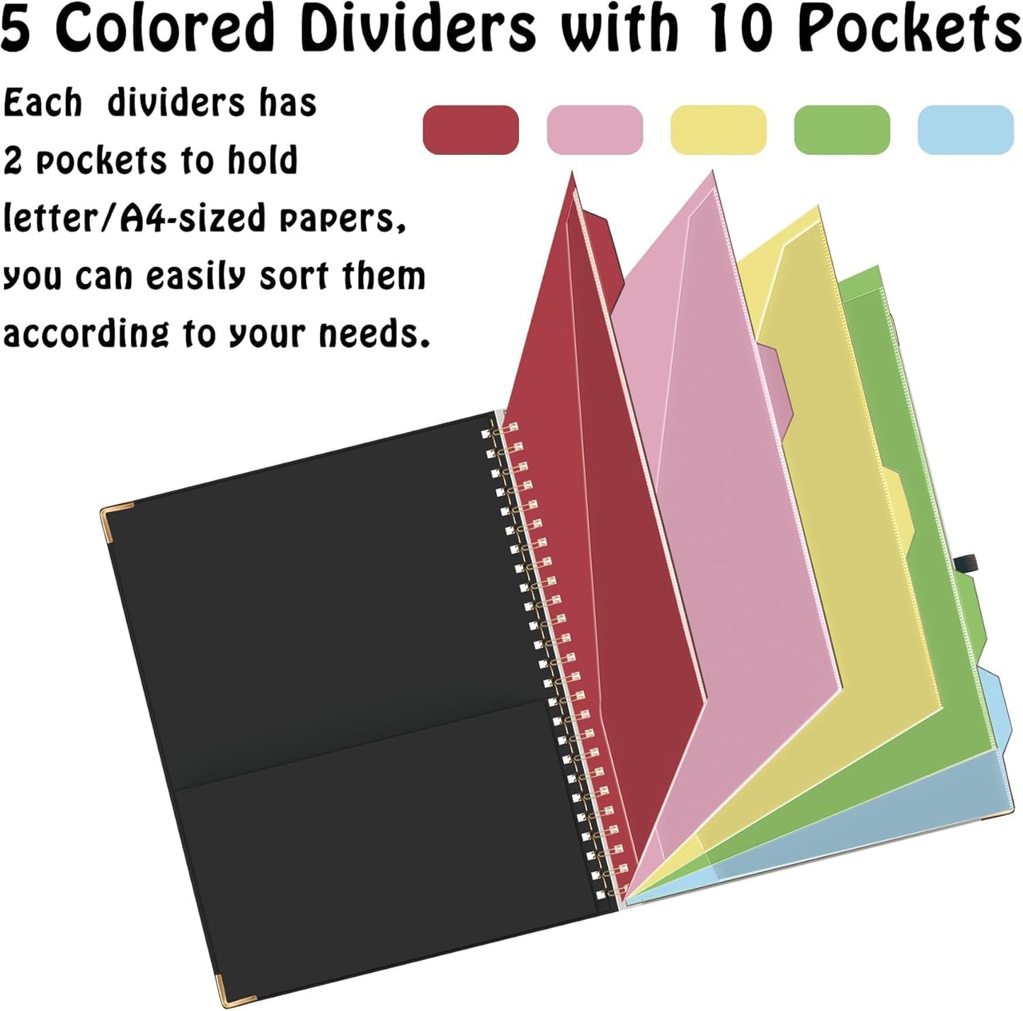 HAUTOCO Clipboard Folio with Refillable Lined Notepad for Letter Size (11" x 8.5"), 5 Dividers with 10 Pockets, Elastic Pen Holder and File Folder Labels, Spiral Nurse Clipboard Artboard(Black)