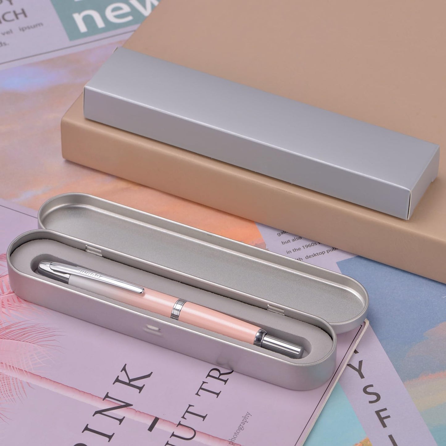 Jinhao 10 Press Fountain Pen with Box, Gradient Peach Pink Retractable Extra Fine Nib with Ink Converter Set (Silver Clip)