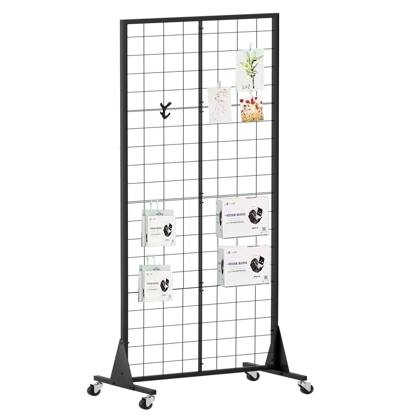 QKOSMTL Gridwall Panel Display Stand, 2'x5.5' Heavy Duty Floor Standing Rack with Detachable Girdwall, Movable Silent Wheel, Easy to Transport, Ideal for Retail & Craft Fairs