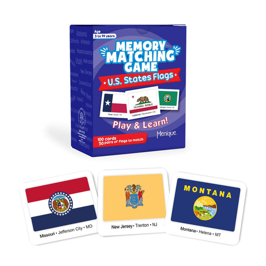 Menique U.S. States Flags Memory Matching Game – 100 Cards (50 Pairs) – Learn State Flags, Capitals & Abbreviations – Educational Card Game for Kids and Adults