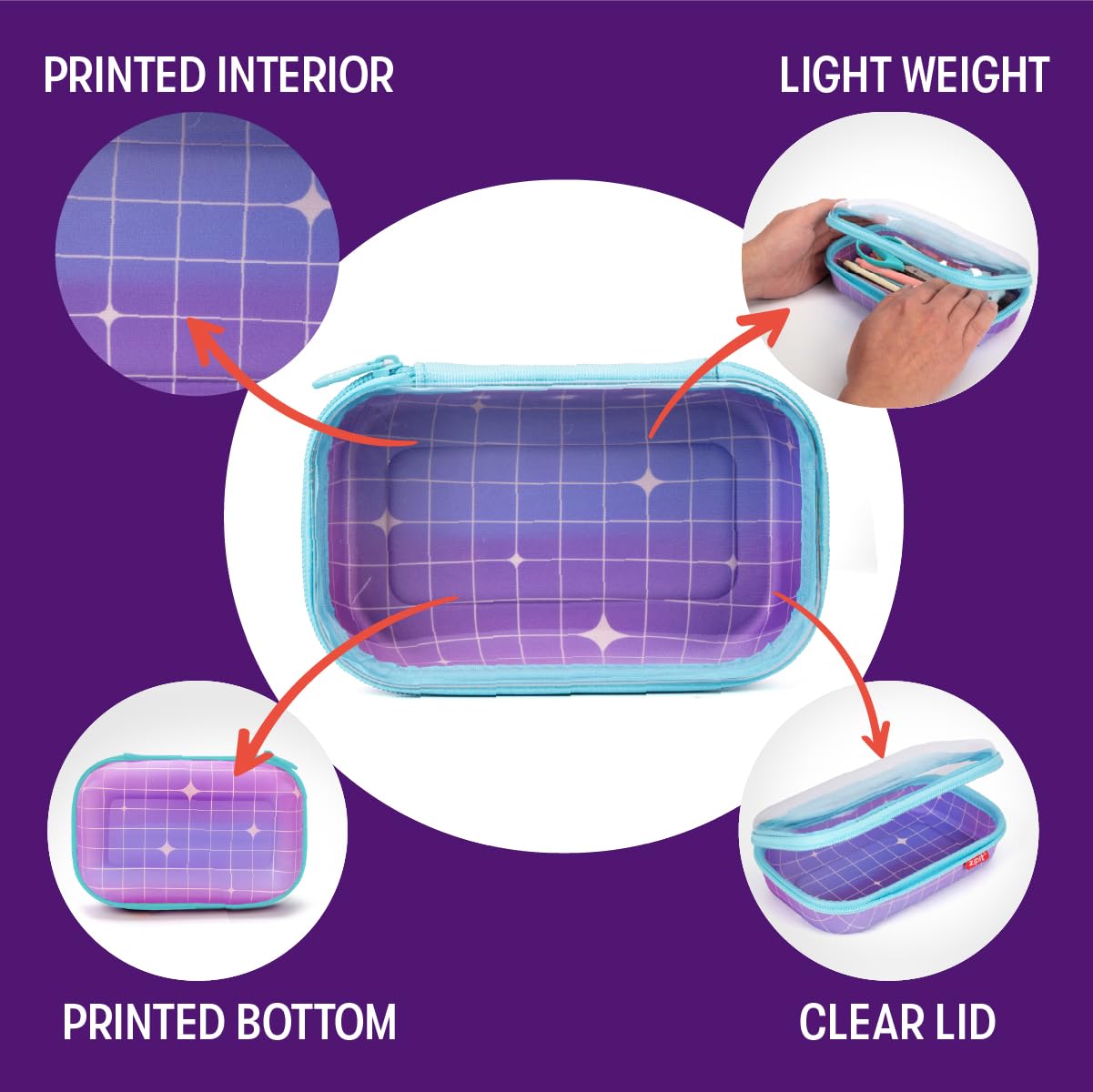 ZIPIT Clear Top Pencil Case for Girls, Durable Pencil Box for School, Large Capacity Stationery Case, Purple