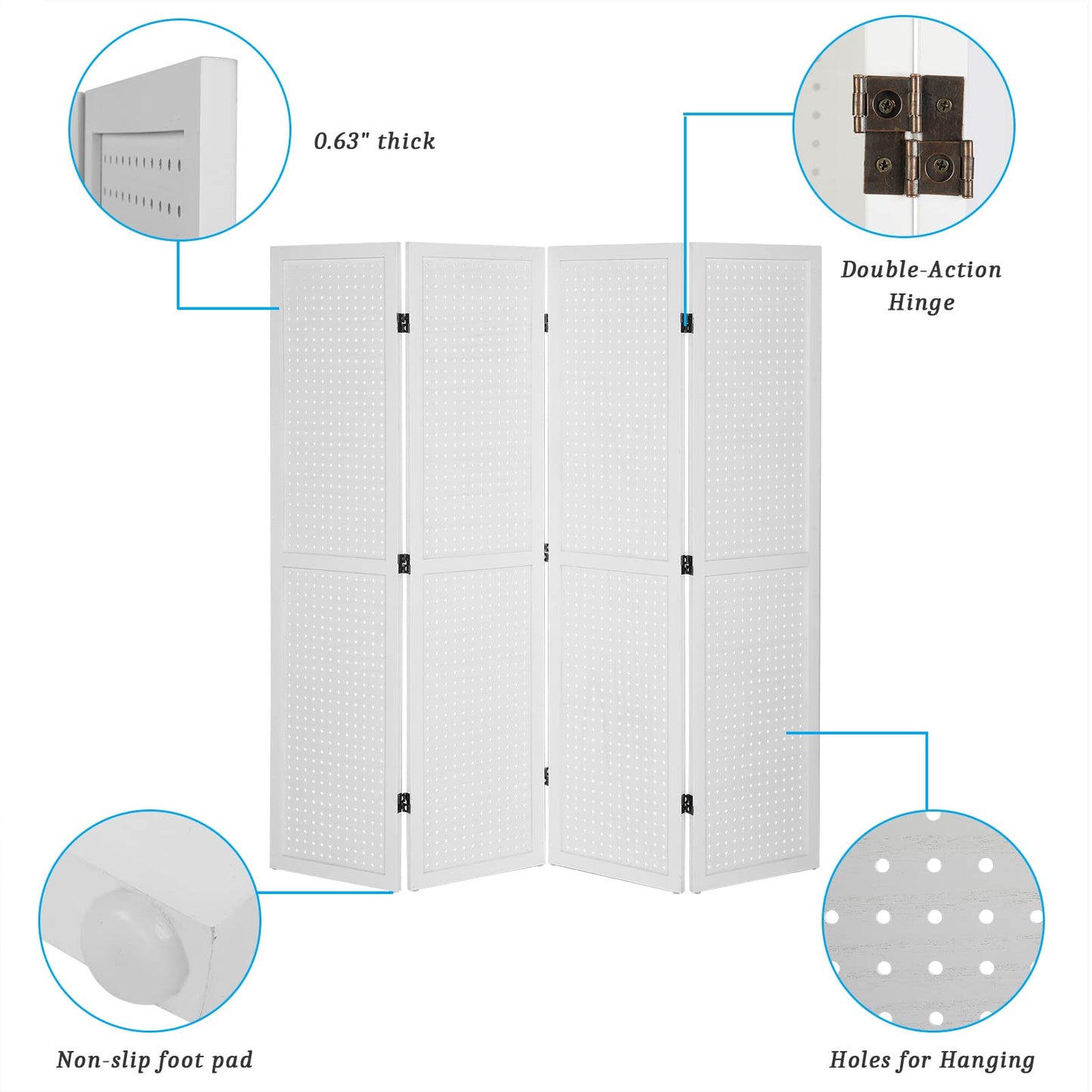 Bonnlo 4 Panel Pegboard Freestanding, 5 FT Portable Display Board Organizer for Craft Show Jewelry, Wooden Folding Privacy Screen Room Divider (with Base, White)