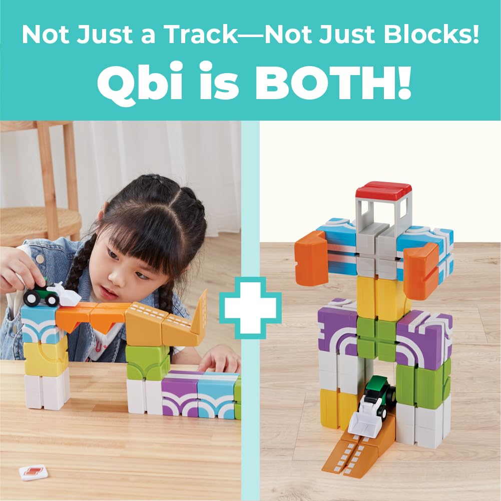 QBI Magnetic Blocks for Toddlers Ages 3+ | STEM Magnetic Block Tracks with Wheel Bulldozer & Tiles | 3D Colorful Magnet Building Blocks for Boys & Girls | Early Learning Sensory Toy – 21 Pieces