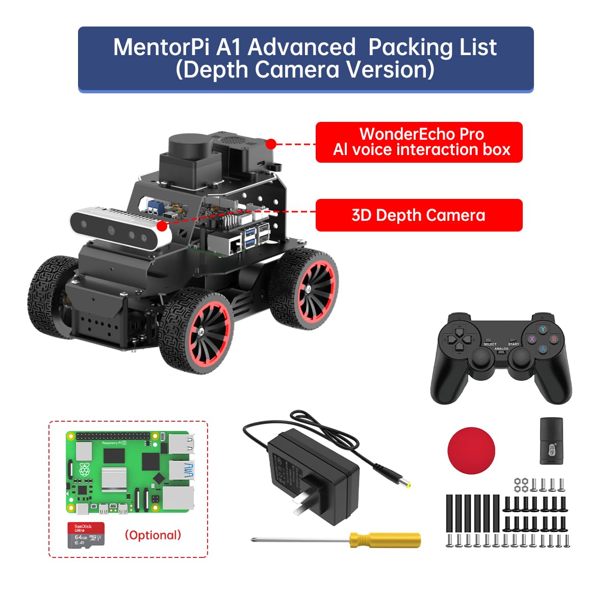HIWONDER Robot Car with ChatGPT Large AI Models, 3D Depth Camera Ackermann Chassis ROS2-HUMBLE Lidar SLAM Mapping Navigation Autonomous Driving, MentorPi A1 Advanced Kit with Raspberry Pi5 4GB
